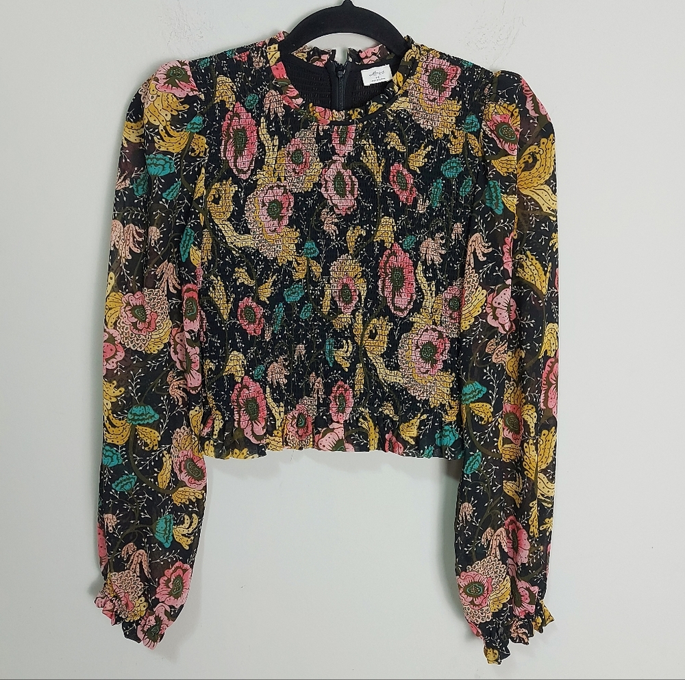 Wilfred Lilith Cropped Ditsy Floral Blouse XS Ruffle Smocked Sheer Long Sleeve